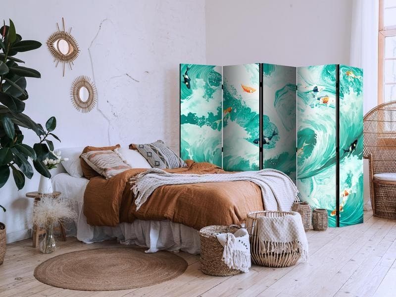 Paravento - Koi Fish Among Waves - Japanese Fish Amid Waves in Shades of Turquoise And White in Paraventi Collezione Casa - Trebisacce, commercioVirtuoso.it