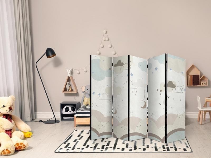 Paravento - Cloudy Night Sky - Moons in Browns and Beiges Amid Numerous Clouds and Stars on a Light Background in Paraventi Collezione Casa - Trebisacce, commercioVirtuoso.it