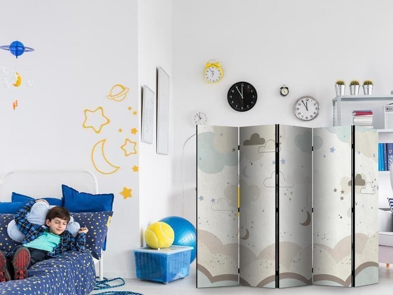 Paravento - Cloudy Night Sky - Moons in Browns and Beiges Amid Numerous Clouds and Stars on a Light Background in Paraventi Collezione Casa - Trebisacce, commercioVirtuoso.it