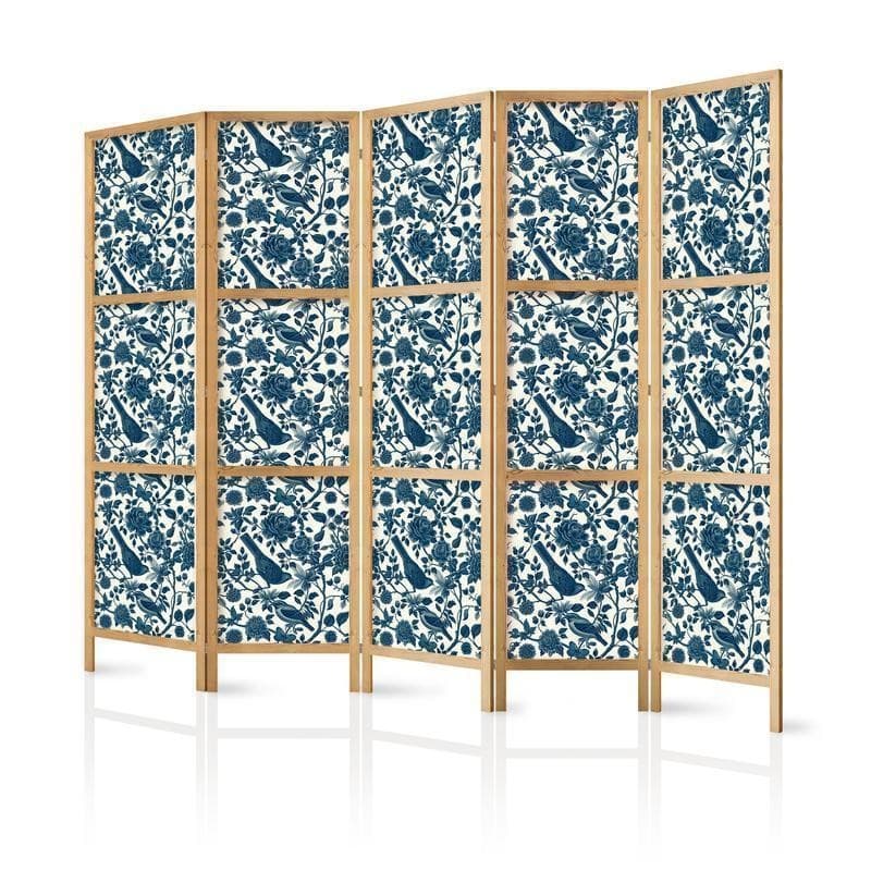 Paravento giapponese Uccelli tra rose blu 5 ante