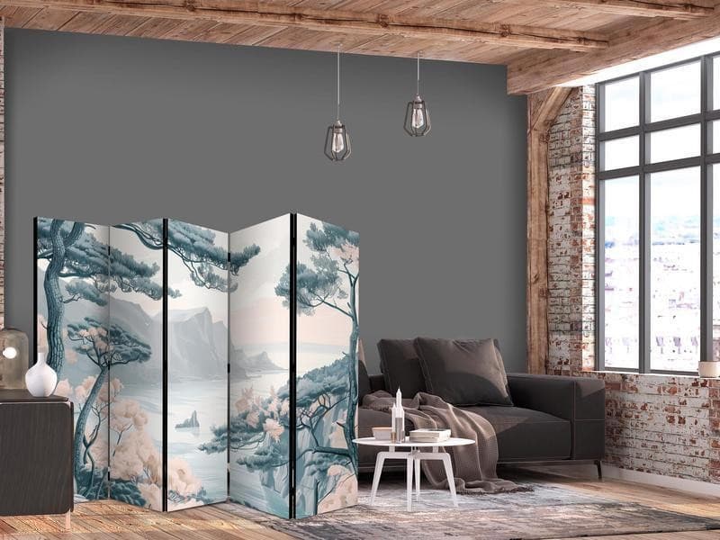 Paravento - Mountainous Coast with Trees and Rocks - in Light Pastel Blues in Paraventi Collezione Casa - Trebisacce, commercioVirtuoso.it