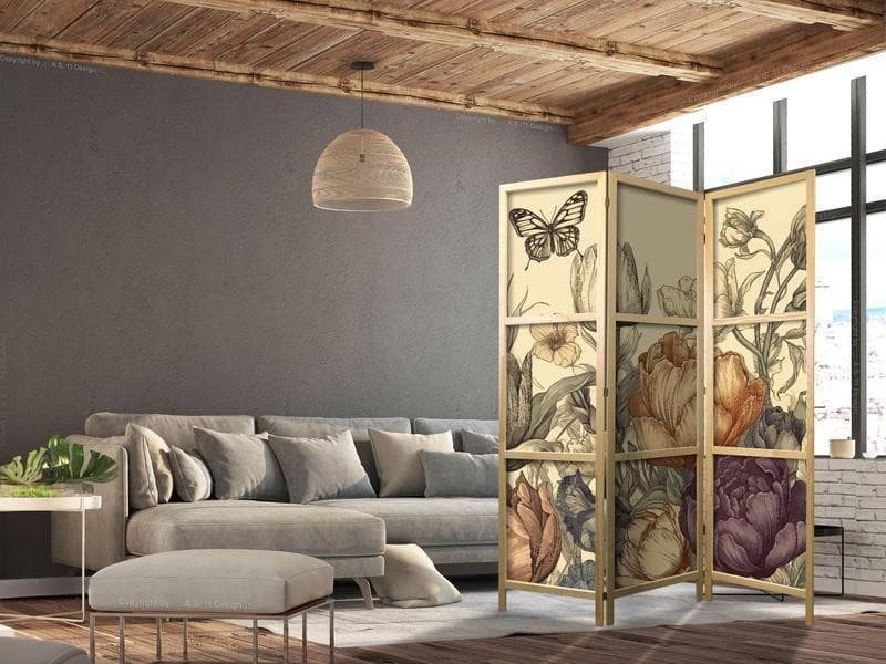 Paravento giapponese Tulipani e farfalle vintage 3 ante in Paraventi Collezione Casa - Trebisacce, commercioVirtuoso.it