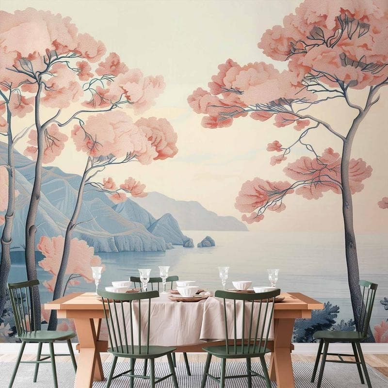 Carta da parati - Landscape with the Ocean Cliffs and Trees in Delicate Pink Shades in Carta da parati Collezione Casa - Trebisacce, commercioVirtuoso.it