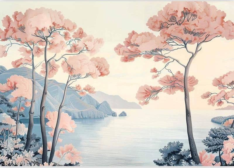 Carta da parati - Landscape with the Ocean Cliffs and Trees in Delicate Pink Shades in Carta da parati Collezione Casa - Trebisacce, commercioVirtuoso.it