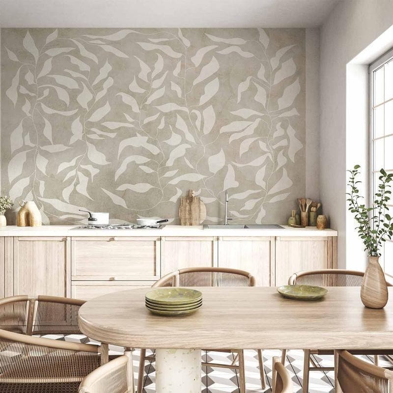 Carta da parati - White leaves - abstract plant motif on beige background with frame in Carta da parati Collezione Casa - Trebisacce, commercioVirtuoso.it
