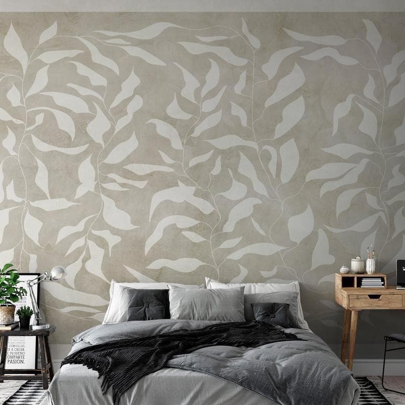 Carta da parati - White leaves - abstract plant motif on beige background with frame in Carta da parati Collezione Casa - Trebisacce, commercioVirtuoso.it