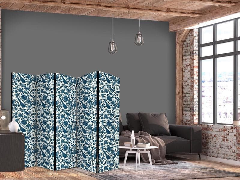 Paravento - Rose Vines - Monochromatic Blue Birds Resting Among Roses in Paraventi Collezione Casa - Trebisacce, commercioVirtuoso.it