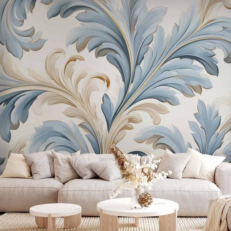 Carta da parati - Baroque Ornaments in Light Cream-Blue Hues in Carta da parati Collezione Casa - Trebisacce, commercioVirtuoso.it