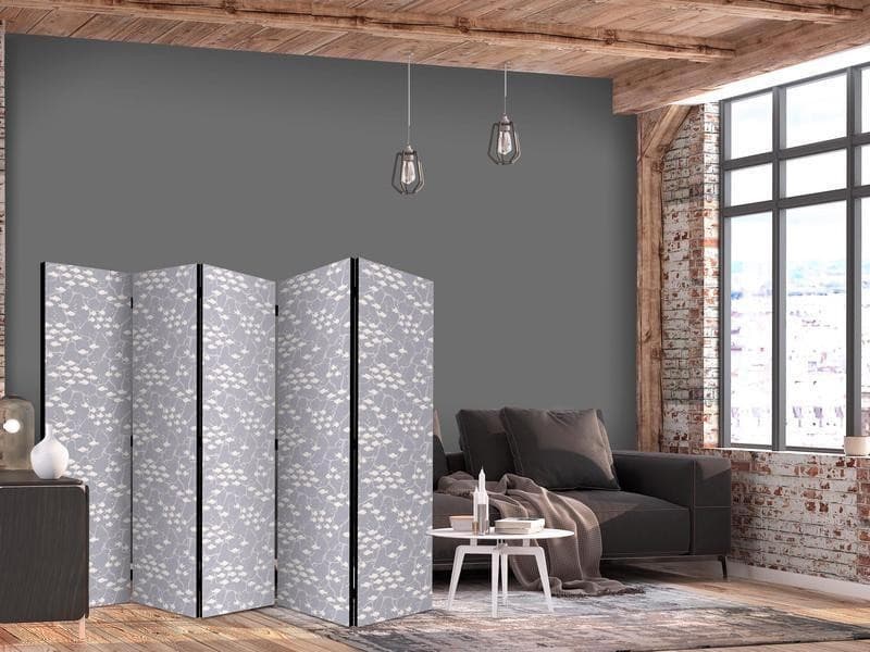 Paravento - Underwater School of Small Fish - Tiny Light-Beige Fishes Against Marine Depths in Grey Shades in Paraventi Collezione Casa - Trebisacce, commercioVirtuoso.it