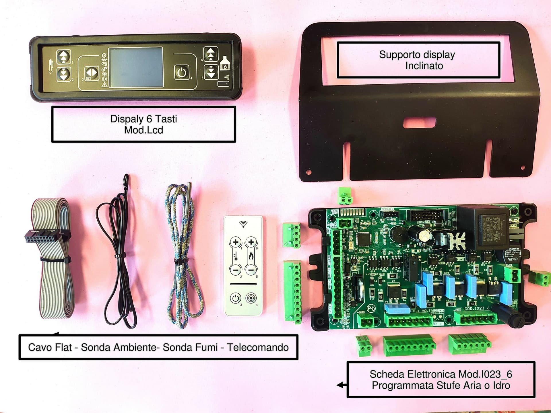 Kit professionale composto scheda I023_6-Dispaly Lcd 6 Tasti Touch-Cavo Flat-Sonda Ambiente-Sonda Fumi-Telecomando-Supporto Inclinato per Display in Impianti di riscaldamento a pellet La Bottega dei Ricambi - San Cesareo, commercioVirtuoso.it