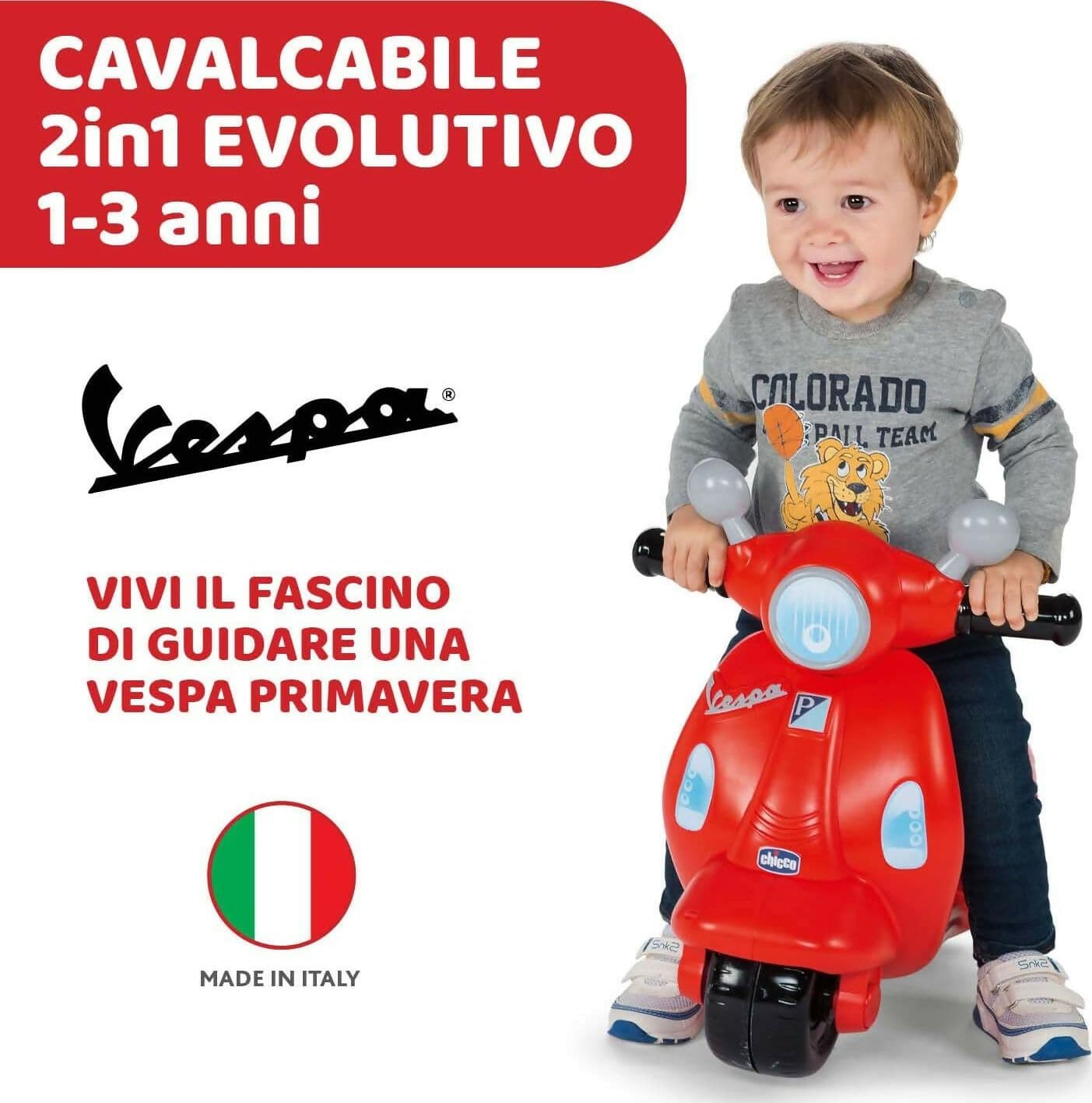 CHICCO Vespa - modello Bambini Primavera colore ROSSO, Moto Giocattolo Cavalcabile con Pannello Elettronico, Luci e Suoni, Ruote di Supporto Rimuovibili, Max 25 Kg - Giochi per Bambini 1-3 Anni in Tricicli Sanitaria Gioia del Bimbo - Villa San Giovanni, commercioVirtuoso.it