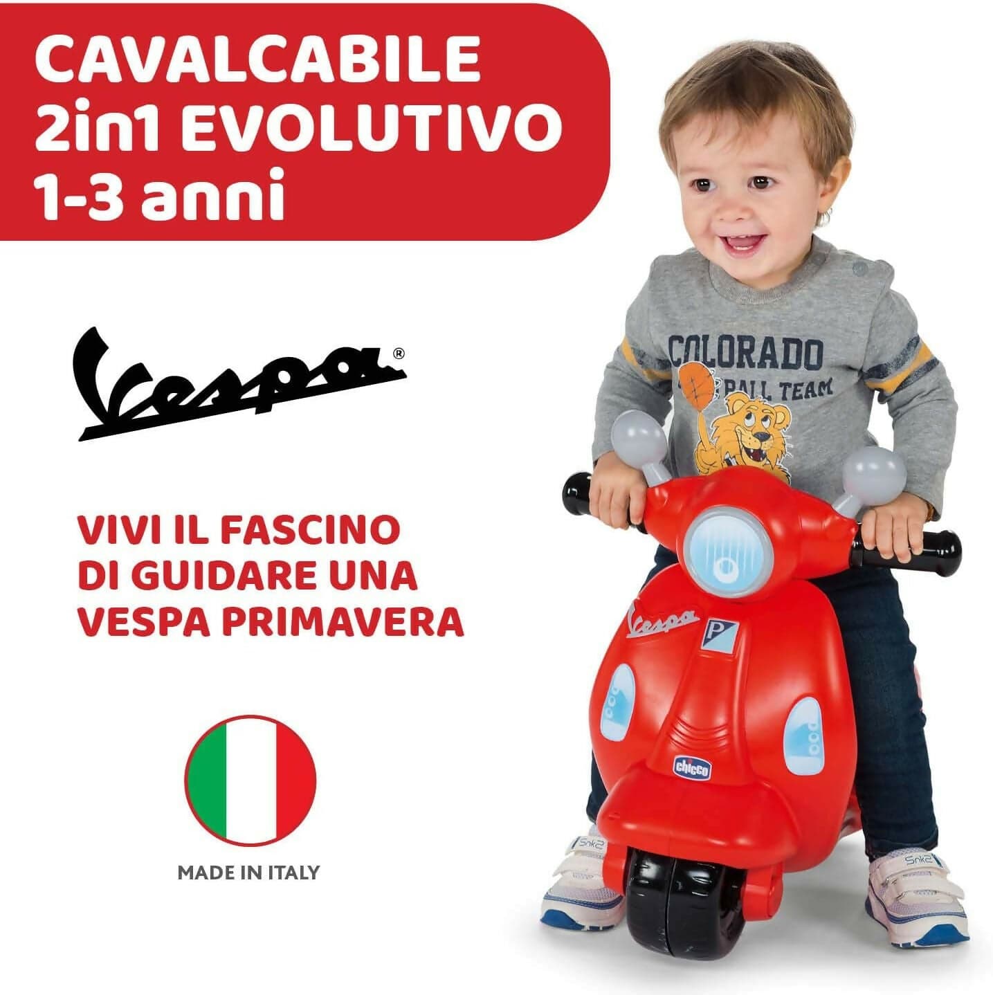 CHICCO Vespa - modello Bambini Primavera colore ROSSO, Moto Giocattolo Cavalcabile con Pannello Elettronico, Luci e Suoni, Ruote di Supporto Rimuovibili, Max 25 Kg - Giochi per Bambini 1-3 Anni in Tricicli Sanitaria Gioia del Bimbo - Villa San Giovanni, commercioVirtuoso.it