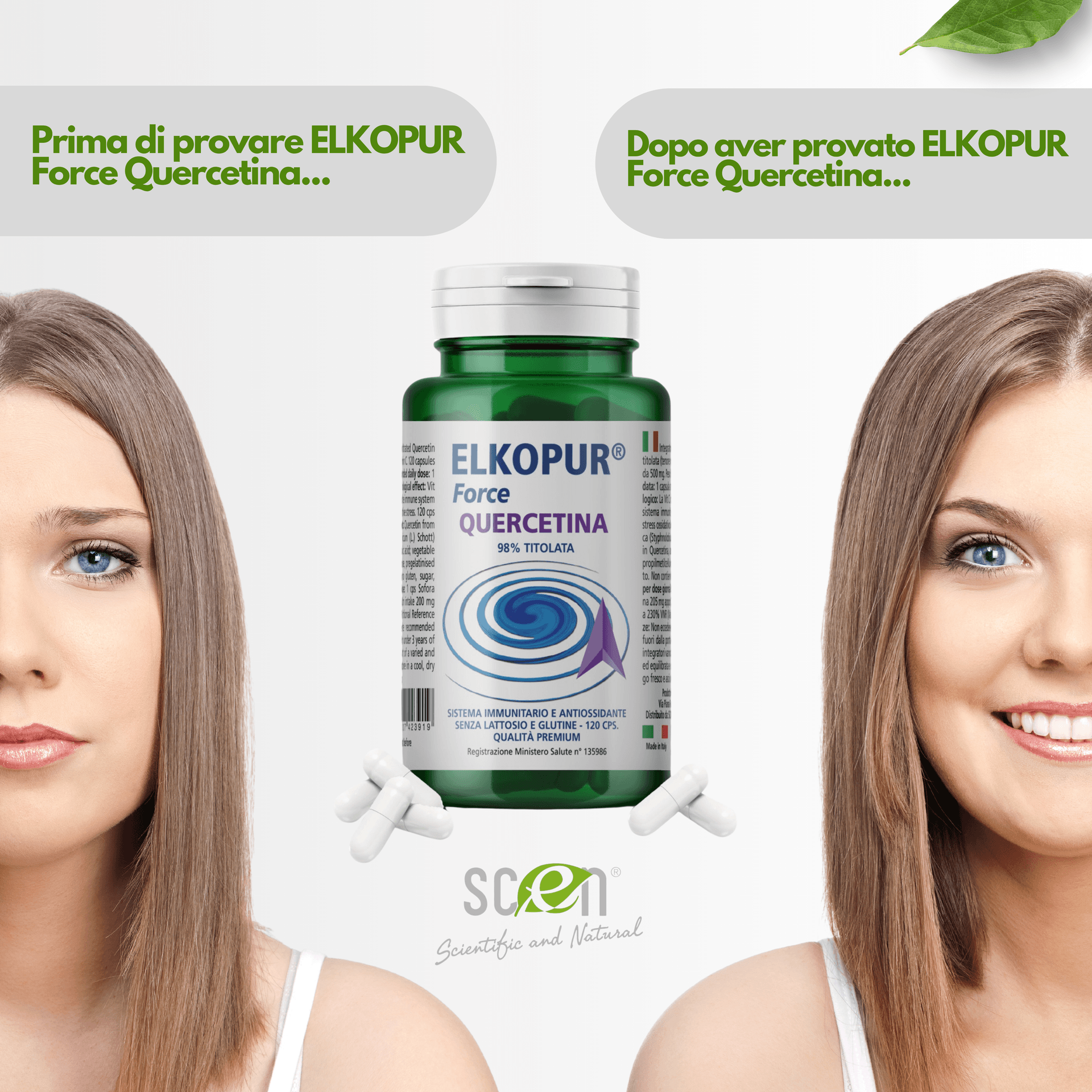 Elkopur Force Quercetina pura, 120 capsule da 500 mg. con 200 mg. di Quercetina titolata 98% in Quercetina, Vegetarian e Vegan ok, Rinforza il sistema immunitario, Antiossidante, prodotto in Italia in Quercetina Scen Scientific and Natural - Poggibonsi, commercioVirtuoso.it
