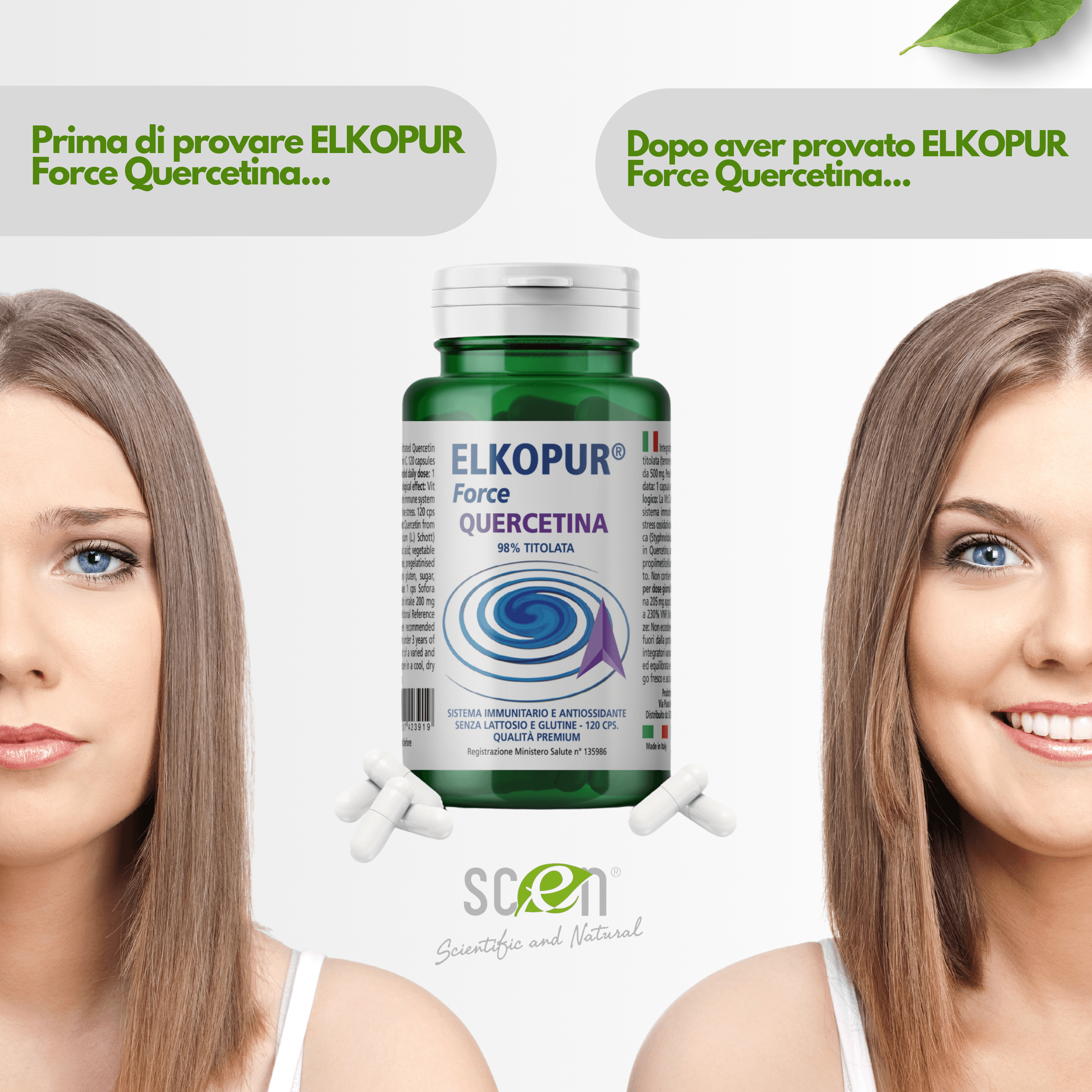 Elkopur Force Quercetina pura, 120 capsule da 500 mg. con 200 mg. di Quercetina titolata 98% in Quercetina, Vegetarian e Vegan ok, Rinforza il sistema immunitario, Antiossidante, prodotto in Italia in Quercetina Scen Scientific and Natural - Poggibonsi, commercioVirtuoso.it