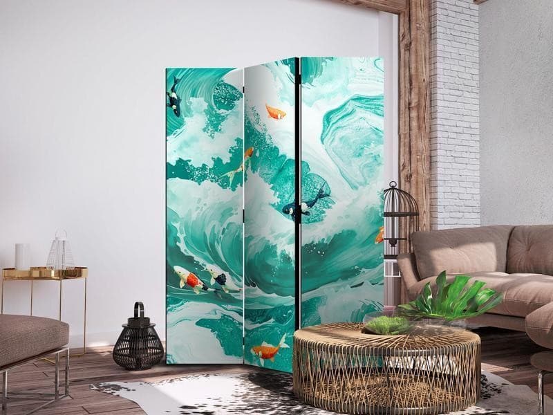 Paravento - Koi Fish Among Waves - Japanese Fish Among Waves in Shades of Turquoise And White in Paraventi Collezione Casa - Trebisacce, commercioVirtuoso.it