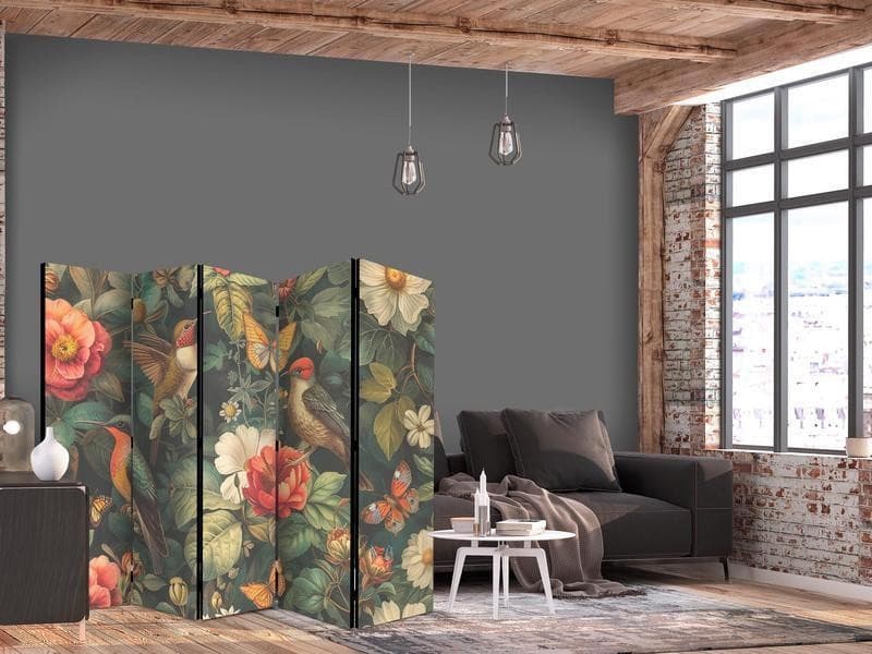 Paravento - In the Botanical Garden - Flowers Birds and Butterflies - Colorful Illustration in Paraventi Collezione Casa - Trebisacce, commercioVirtuoso.it