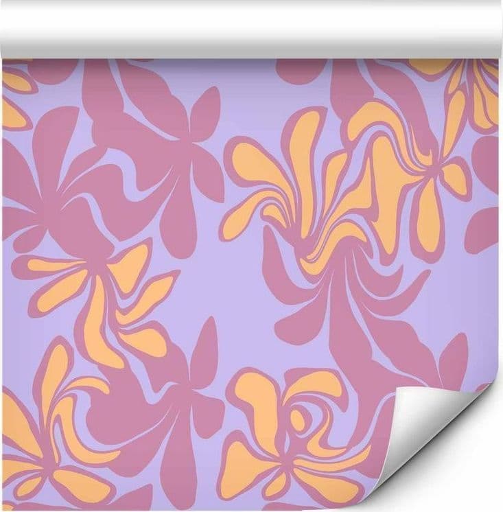 Tappezzeria murale - Exotic - Two-Tone Flowers - Flowers in purple and orange on a blue background in Carta da parati Collezione Casa - Trebisacce, commercioVirtuoso.it
