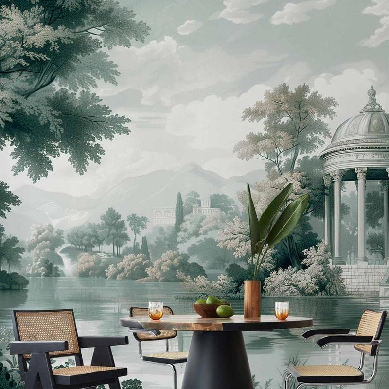 Carta da parati - View of the Park and Lake Retro Vintage Landscape in Greens in Carta da parati Collezione Casa - Trebisacce, commercioVirtuoso.it