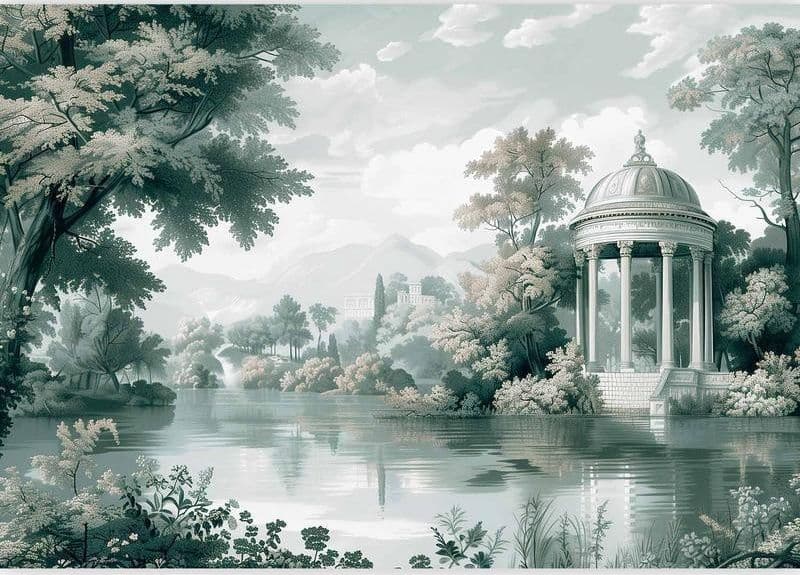 Carta da parati - View of the Park and Lake Retro Vintage Landscape in Greens in Carta da parati Collezione Casa - Trebisacce, commercioVirtuoso.it