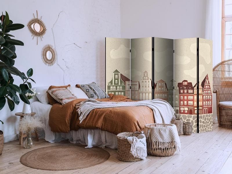Paravento - Salt Square - Colorful Illustrated Townhouses Against a Sky with Clouds Background in Paraventi Collezione Casa - Trebisacce, commercioVirtuoso.it
