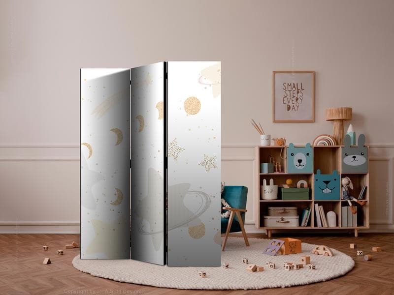 Paravento - Fairy-Tale Galaxy - Moon Phases in Shades of Yellow Among Stars in Beige and Ash Colors with Stardust in Paraventi Collezione Casa - Trebisacce, commercioVirtuoso.it