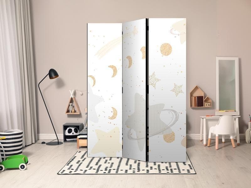 Paravento - Fairy-Tale Galaxy - Moon Phases in Shades of Yellow Among Stars in Beige and Ash Colors with Stardust in Paraventi Collezione Casa - Trebisacce, commercioVirtuoso.it
