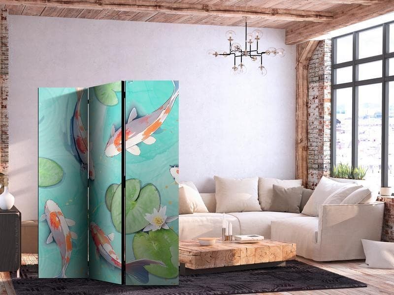 Paravento - Spectacular Fish - White-Orange Koi Fish Swimming in Crystal Clear Water with Water Lilies in Stagni artificiali Collezione Casa - Trebisacce, commercioVirtuoso.it