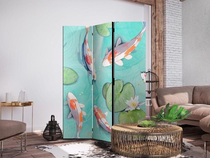 Paravento - Spectacular Fish - White-Orange Koi Fish Swimming in Crystal Clear Water with Water Lilies in Stagni artificiali Collezione Casa - Trebisacce, commercioVirtuoso.it