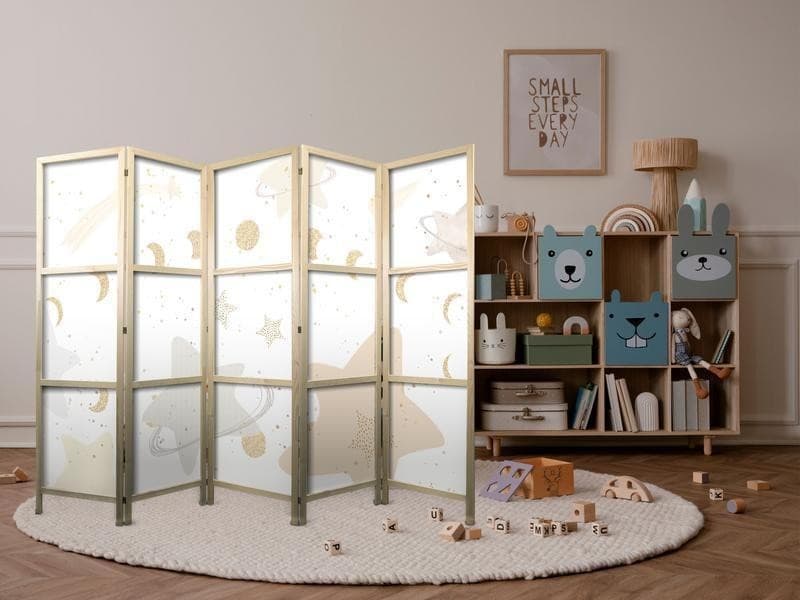 Paravento giapponese - Fairy-Tale Galaxy - Moon phases in shades of yellow among stars in beige and ash colors with star in Paraventi Collezione Casa - Trebisacce, commercioVirtuoso.it