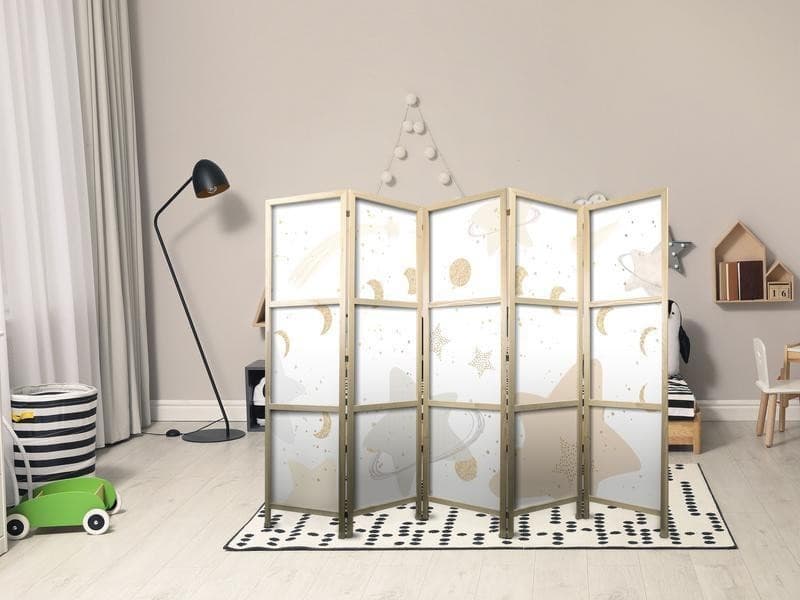 Paravento giapponese - Fairy-Tale Galaxy - Moon phases in shades of yellow among stars in beige and ash colors with star in Paraventi Collezione Casa - Trebisacce, commercioVirtuoso.it