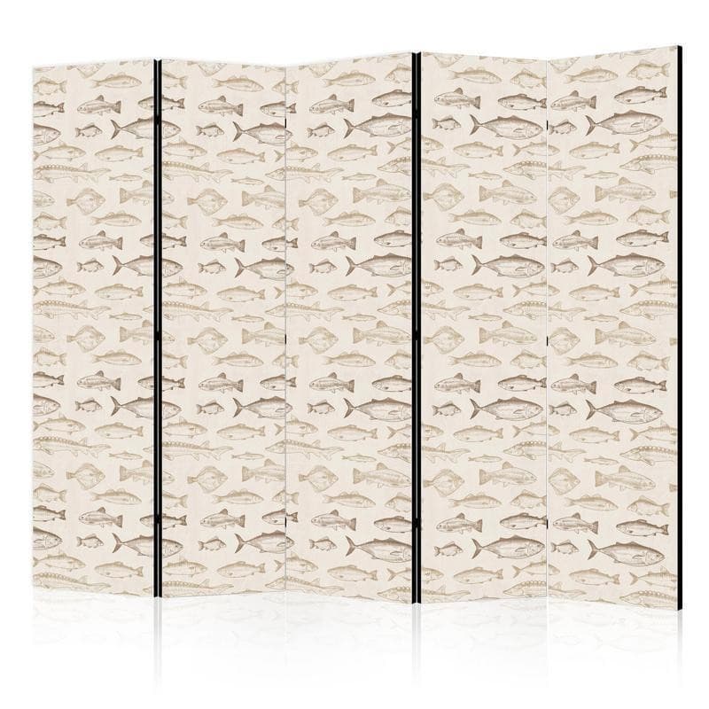 Paravento - Fish in Beige Tones - Various Species of Fish in Beige-Brown Colors Presented in Vintage Style on a Light Ba