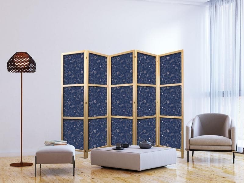 Paravento giapponese - Cosmic Fantasy - Pattern with Suns - Moons - and Dragonflies on a Dark Background in Paraventi Collezione Casa - Trebisacce, commercioVirtuoso.it