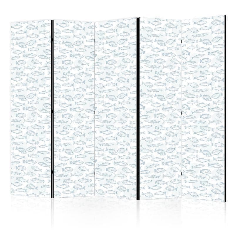 Paravento - Blue Fish - Blue Outlines of Various Fish Species on a White-Blue Background