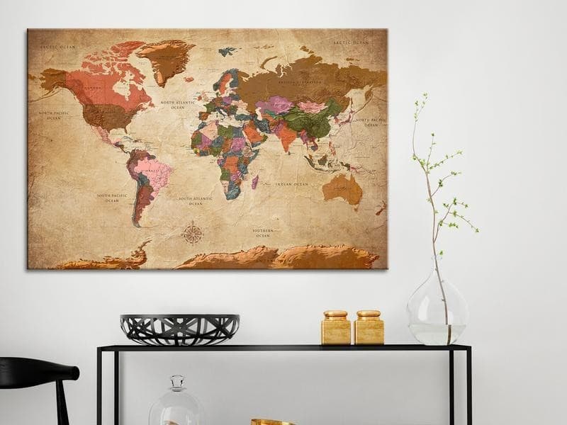 Quadro di sughero - World Map: Brown Elegance in Bacheche Collezione Casa - Trebisacce, commercioVirtuoso.it