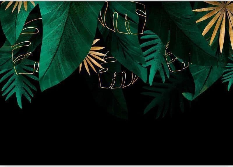 Carta da parati - Jungle and composition - motif of green and golden leaves on a black background in Carta da parati Collezione Casa - Trebisacce, commercioVirtuoso.it