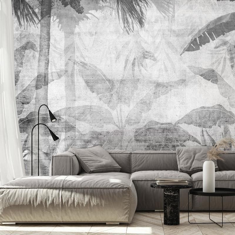 Carta da parati - Vanishing jungle - landscape of exotic trees and leaves in grey tones in Carta da parati Collezione Casa - Trebisacce, commercioVirtuoso.it