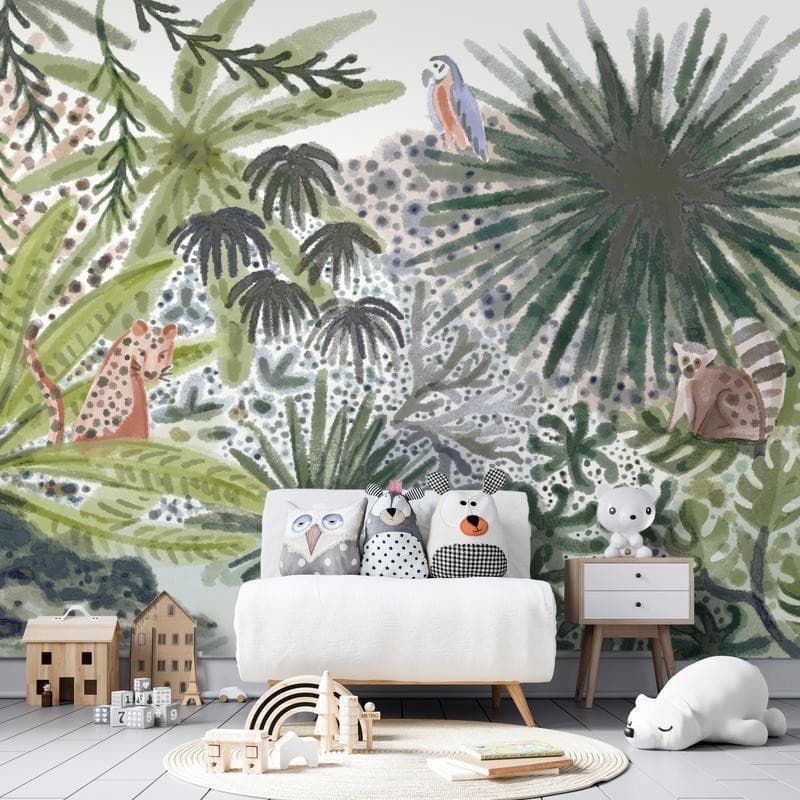 Carta da parati - Flora of Madagascar - Tropical Landscape With Watercolour Animals in Carta da parati Collezione Casa - Trebisacce, commercioVirtuoso.it