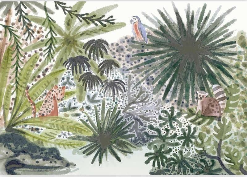 Carta da parati - Flora of Madagascar - Tropical Landscape With Watercolour Animals in Carta da parati Collezione Casa - Trebisacce, commercioVirtuoso.it