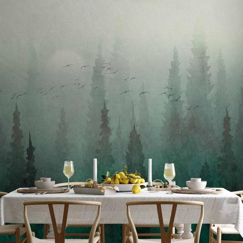 Carta da parati - Birds eye perspective - landscape of a green forest with trees in the mist in Carta da parati Collezione Casa - Trebisacce, commercioVirtuoso.it