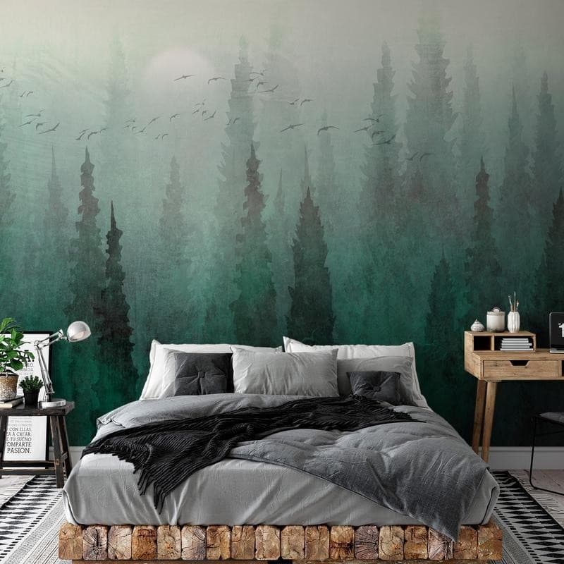 Carta da parati - Birds eye perspective - landscape of a green forest with trees in the mist in Carta da parati Collezione Casa - Trebisacce, commercioVirtuoso.it