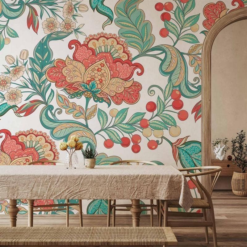 Carta da parati - Ethnic vegetation - plant motif with ornaments in coloured flowers in Carta da parati Collezione Casa - Trebisacce, commercioVirtuoso.it