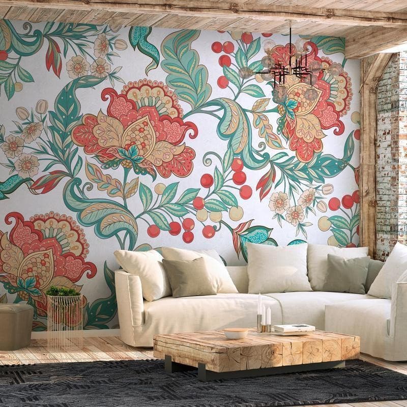 Carta da parati - Ethnic vegetation - plant motif with ornaments in coloured flowers in Carta da parati Collezione Casa - Trebisacce, commercioVirtuoso.it