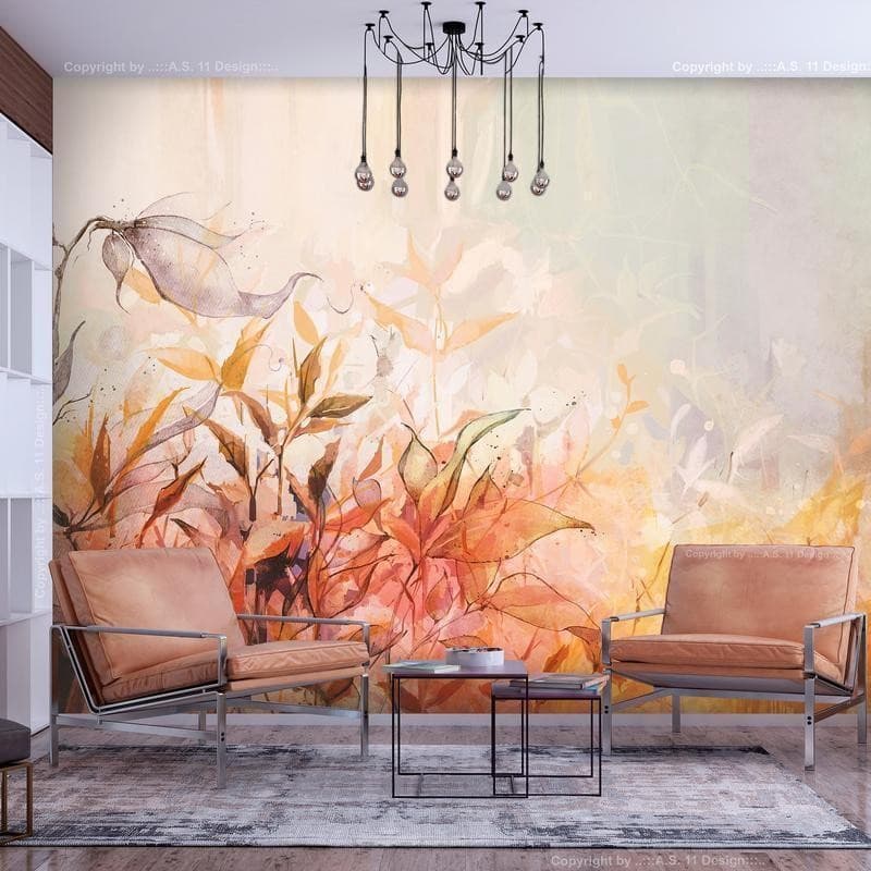 Carta da parati - Flaming meadow - nature landscape with meadow of flowers and leaves in watercolour style in Carta da parati Collezione Casa - Trebisacce, commercioVirtuoso.it
