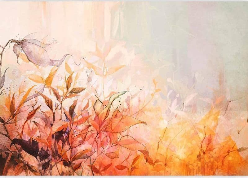 Carta da parati - Flaming meadow - nature landscape with meadow of flowers and leaves in watercolour style in Carta da parati Collezione Casa - Trebisacce, commercioVirtuoso.it