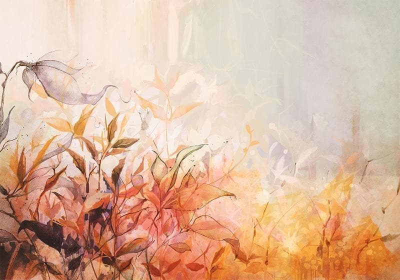 Carta da parati - Flaming meadow - nature landscape with meadow of flowers and leaves in watercolour style in Carta da parati Collezione Casa - Trebisacce, commercioVirtuoso.it