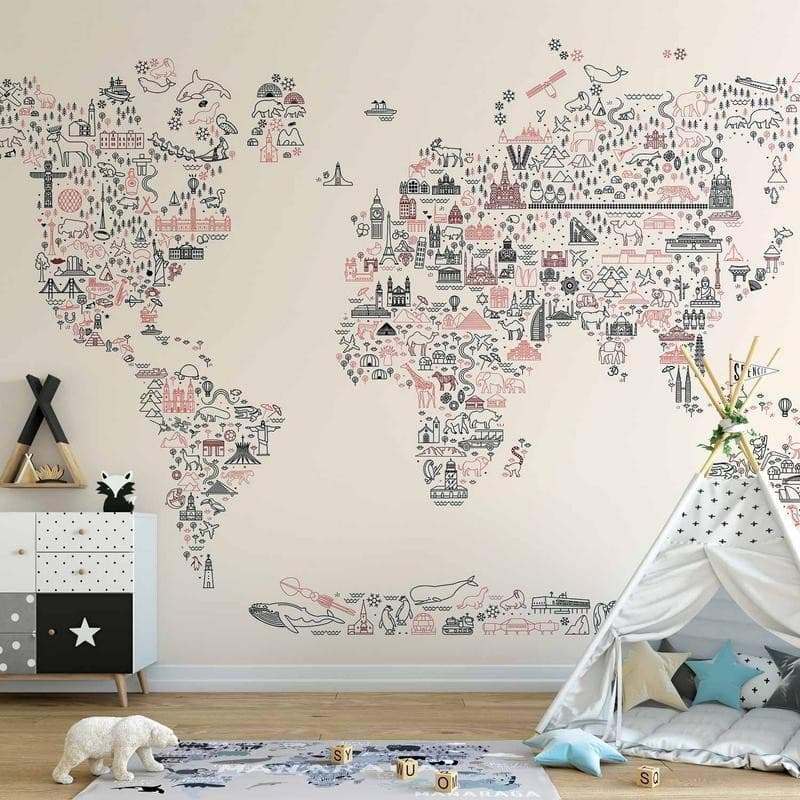 Carta da parati - Map With Icons - Cartoon Representation of the World in Pastel Colours in Carta da parati Collezione Casa - Trebisacce, commercioVirtuoso.it