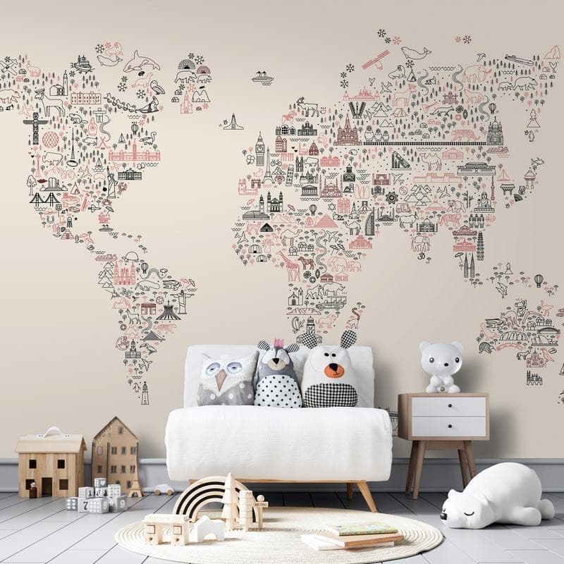 Carta da parati - Map With Icons - Cartoon Representation of the World in Pastel Colours in Carta da parati Collezione Casa - Trebisacce, commercioVirtuoso.it