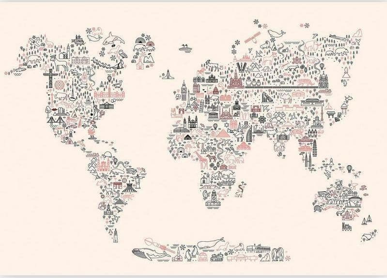 Carta da parati - Map With Icons - Cartoon Representation of the World in Pastel Colours in Carta da parati Collezione Casa - Trebisacce, commercioVirtuoso.it
