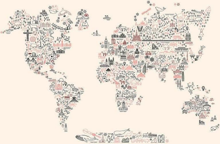 Carta da parati - Map With Icons - Cartoon Representation of the World in Pastel Colours in Carta da parati Collezione Casa - Trebisacce, commercioVirtuoso.it