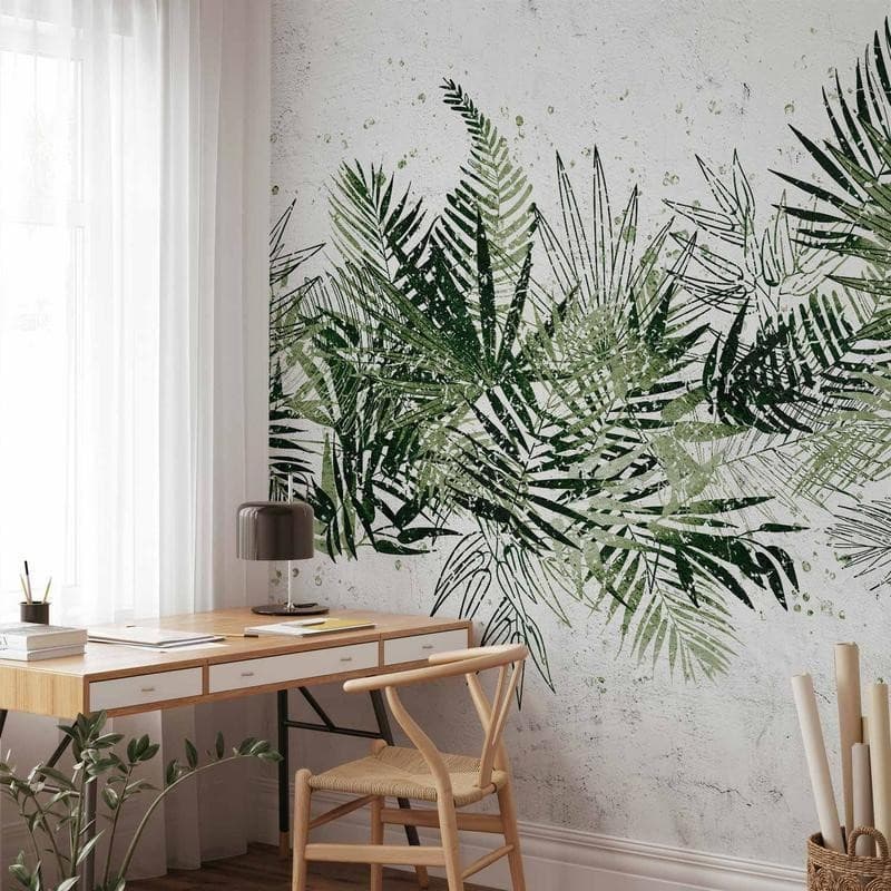 Carta da parati - Jungle and green plume - large tropical leaves on a white background in Carta da parati Collezione Casa - Trebisacce, commercioVirtuoso.it